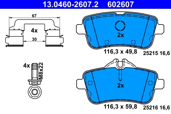 Колодки гальмівні (задні) MB M-class (W166) /GL-class (X166) 11- /GLE (W166) AMG 15- (TRW) Q+ 13.0460-2607.2 ATE 13-0460-2607-2 (фото 1)