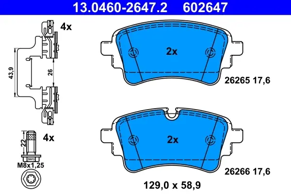 Колодки гальмівні (задні) Audi A4/A5/A6/A7/A8/Q5/Q7 15- (Lucas/TRW) 13.0460-2647.2 ATE 13-0460-2647-2 (фото 1)