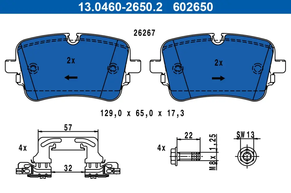 Колодки гальмівні (задні) Audi A6/A7/A8/Q7/Q8/VW Touareg 18- (TRW) 13.0460-2650.2 ATE 13-0460-2650-2 (фото 1)
