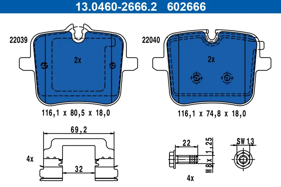 Колодки гальмівні (задні) BMW M5 (G30)/X5 (G05)/X6 (G06) 17- (TRW) (з аксесуарами) 13.0460-2666.2 ATE 13-0460-2666-2 (фото 1)