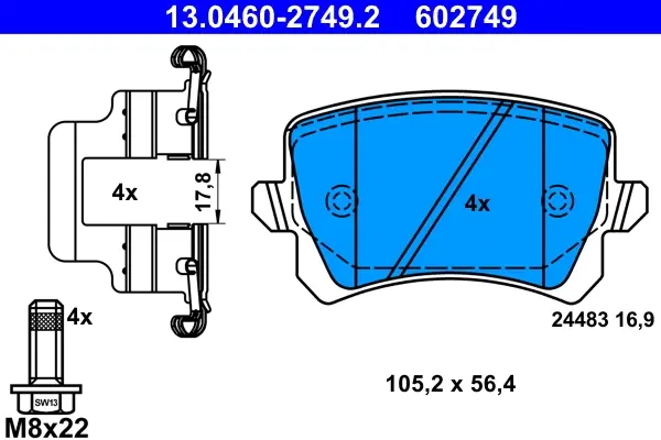 Колодки гальмівні (задні) Audi A6 05-18/Skoda Octavia 12-/VW Passat B6/B8/Tiguan 05- (Lucas/TRW) 13.0460-2749.2 ATE 13-0460-2749-2 (фото 1)