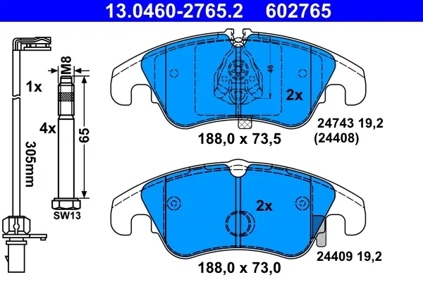 Колодки гальмівні (передні) Audi A6/A7/Q5 08- (Lucas/TRW) (з датчиком) 13.0460-2765.2 ATE 13-0460-2765-2 (фото 1)