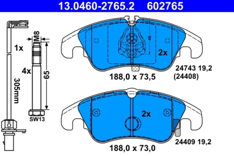 Колодки гальмівні (передні) Audi A6/A7/Q5 08- (Lucas/TRW) (з датчиком) 13.0460-2765.2 ATE 13-0460-2765-2