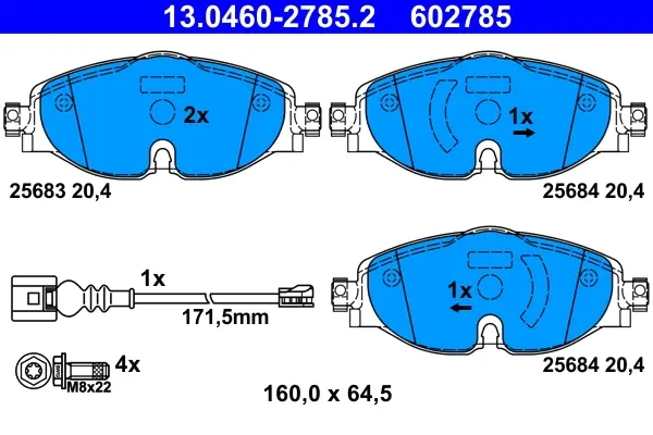 Колодки гальмівні (передні) Audi A3/Q2/Q3/Seat/Skoda Octavia/Kodiaq/VW Golf/Passat B8 12- (+датчик) (Lucas/TRW) 13.0460-2785.2 ATE 13-0460-2785-2 (фото 1)