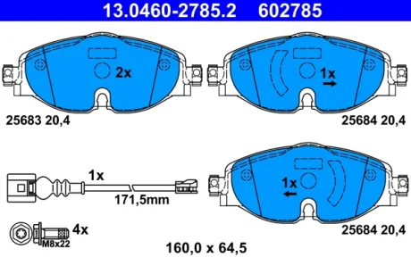 Колодки гальмівні (передні) Audi A3/Q2/Q3/Seat/Skoda Octavia/Kodiaq/VW Golf/Passat B8 12- (+датчик) (Lucas/TRW) 13.0460-2785.2 ATE 13-0460-2785-2