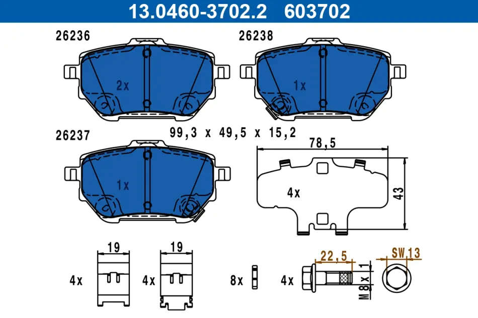 Колодки гальмівні (задні) Toyota Corolla 1.6 VVTi 19- 13.0460-3702.2 ATE 13-0460-3702-2 (фото 1)