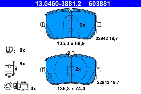 Колодки гальмівні (передні) MB CLA (C118/X118) 19-/A-class (W177) 18-/B-class 18- (CBI) (з аксесуарами) 13.0460-3881.2 ATE 13-0460-3881-2 (фото 1)