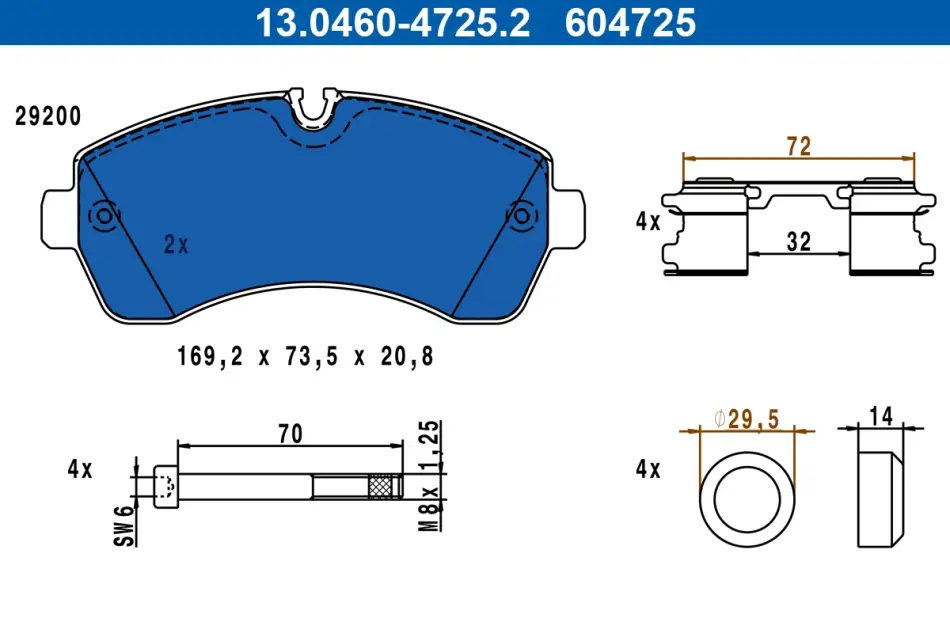 Колодки гальмівні (передні) MB Sprinter (W906/W907/W910) 210-519CDI/VW Crafter 30-35/30-50 06- (спарка) (BREMBO) 13.0460-4725.2 ATE 13-0460-4725-2 (фото 1)