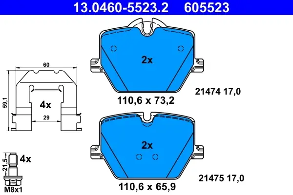 Колодки гальмівні (задні) BMW 3 (G20/G21/G80/G81/G28)/4 (G22/G23/G82/G83/G26) 18-/i4 (G26) 21- 13.0460-5523.2 ATE 13-0460-5523-2 (фото 1)