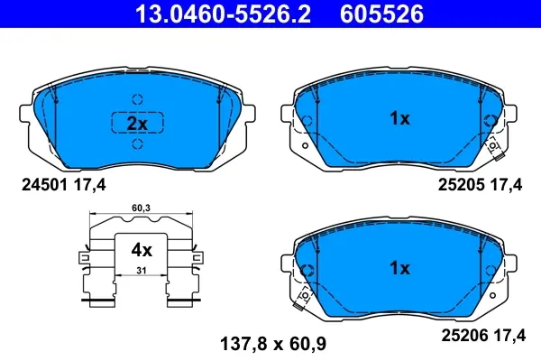 Колодки гальмівні (передні) Hyundai i30/Kona/Kia Pro Ceed/Soul 14- 13.0460-5526.2 ATE 13-0460-5526-2 (фото 1)