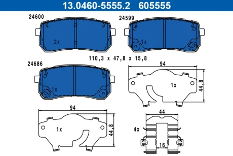Колодки гальмівні (задні) Kia Sorento 15-20 (з аксесуарами) 13.0460-5555.2 ATE 13-0460-5555-2