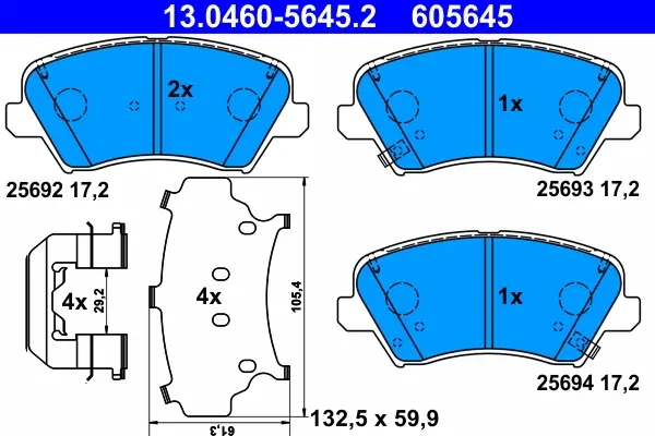 Колодки гальмівні (передні) Hyundai Elantra 10-/ i30 11-/ Kia Ceed 12- (Mando) (з аксесуарами) 13.0460-5645.2 ATE 13-0460-5645-2 (фото 1)
