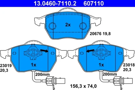 Колодки гальмівні (передні) Audi A4/A6/Skoda Superb/VW Passat 1.9TDI/2.5TDI 96- (з датчиками) (Ate) 13.0460-7110.2 ATE 13-0460-7110-2