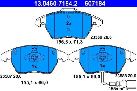 Колодки гальмівні (передні) VW Caddy/Golf/Jetta/Passat/Touran/Skoda Fabia/Octavia 03- (ушки вниз) (Ate) 13.0460-7184.2 ATE 13-0460-7184-2
