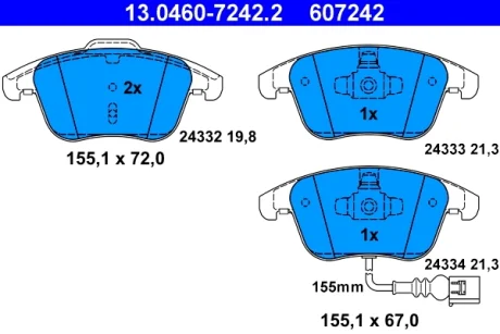 Колодки гальмівні (передні) Audi Q3 11-18/Tiguan 07-/Sharan 10- (Ate) (+датчик) 13.0460-7242.2 ATE 13-0460-7242-2
