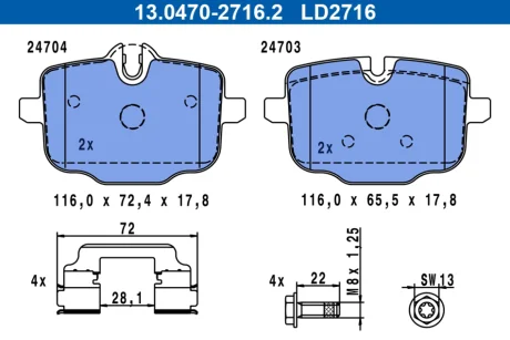 Колодки гальмівні (задні) BMW 5 (G30,G31)/7 (G11,G12)/X5 (G05)/X6 (G06) 17- (Lucas/TRW) Ceramic 13.0470-2716.2 ATE 13-0470-2716-2