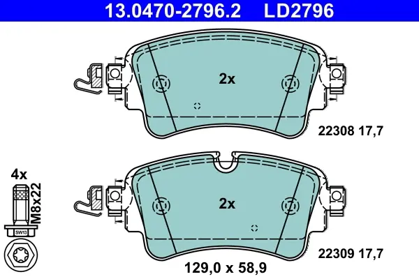 Колодки гальмівні (задні) Audi A4/Q7 15-/A5 09-//Q5 16-/A6 18-/A7/A8/VW Touareg 17- (Lucas/TRW) Ceramic 13.0470-2796.2 ATE 13-0470-2796-2 (фото 1)