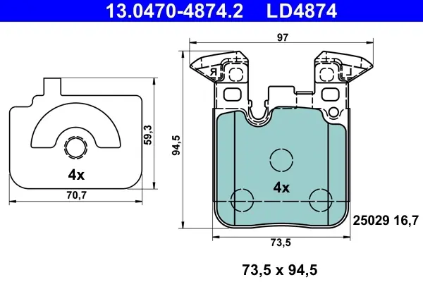 Колодки гальмівні (задні) BMW 1 (F20/F21)/3 (F30/F31/F34/F80)/4 (F32-F82) 11-21 B37/B47/N13/N47/N55 13.0470-4874.2 ATE 13-0470-4874-2 (фото 1)