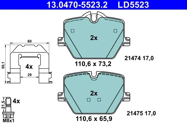 Колодки гальмівні (задні) BMW 3 (G20/G21/G80/G81/G28)/4 (G22/G23/G82/G83/G26) 18-/i4 (G26) 21- Ceramic 13.0470-5523.2 ATE 13-0470-5523-2 (фото 1)