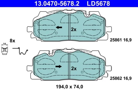 Колодки гальмівні (передні) Audi A4/A5/Q5/Q7 15-/ A6/A7/A8/Q3/Q8/VW Touareg 17- (Akebono) Ceramic 13.0470-5678.2 ATE 13-0470-5678-2