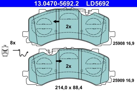 Колодки гальмівні (передні) Audi A6/A7/A8/Q7/Q8/VW Touareg 17- (Akebono) 13.0470-5692.2 ATE 13-0470-5692-2