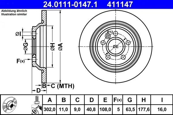 Диск гальмівний (задній) Volvo S60/S80/V60/V70 06-18 (302x11) (з покр.) (повний) 24.0111-0147.1 ATE 24-0111-0147-1 (фото 1)