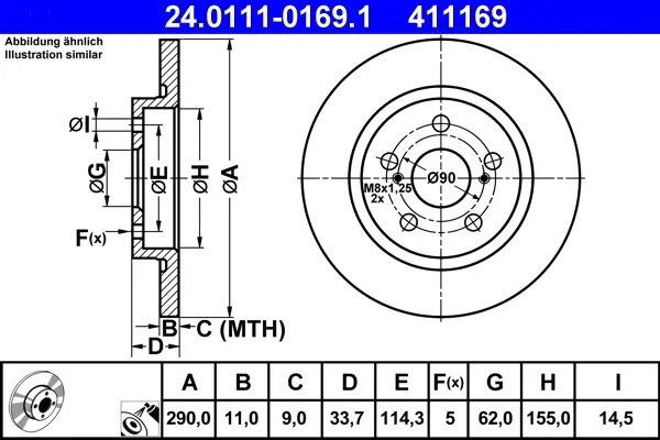 Диск гальмівний (задній) Toyota Avensis 1.6-2.2 08-18 (290x11) 24.0111-0169.1 ATE 24-0111-0169-1 (фото 1)