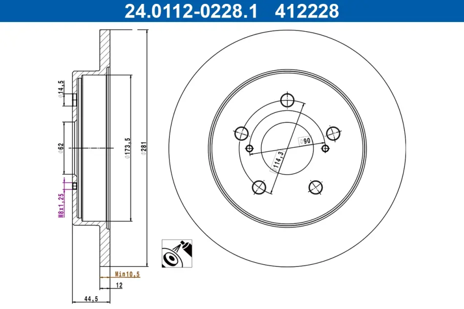 Диск гальмівний (задній) Toyota Camry 2.0-3.5 16V 17-/Lexus ES 2.5 18- (281x12) 24.0112-0228.1 ATE 24-0112-0228-1 (фото 1)