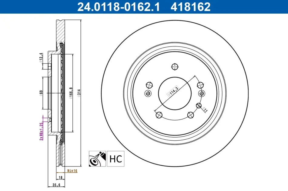 Диск гальмівний (задній) Hyundai Santa Fe 18-20 (314x18) (вентил.) (з покриттям) 24.0118-0162.1 ATE 24-0118-0162-1 (фото 1)