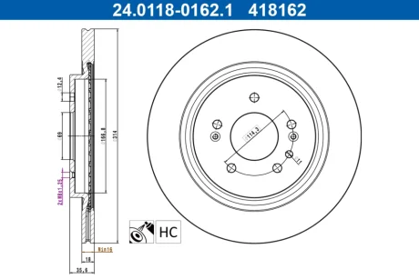 Диск гальмівний (задній) Hyundai Santa Fe 18-20 (314x18) (вентил.) (з покриттям) 24.0118-0162.1 ATE 24-0118-0162-1