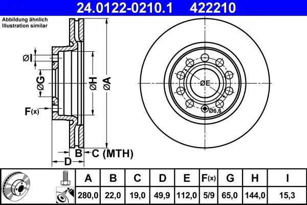 Диск гальмівний (передній) Audi A3/Seat Leon/Skoda Octavia/VW Caddy/Golf 04- (280x22)(з покр.)(вент.) 24.0122-0210.1 ATE 24-0122-0210-1 (фото 1)