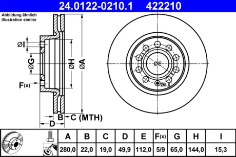 Диск гальмівний (передній) Audi A3/Seat Leon/Skoda Octavia/VW Caddy/Golf 04- (280x22)(з покр.)(вент.) 24.0122-0210.1 ATE 24-0122-0210-1
