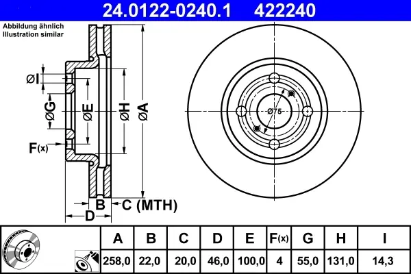 Диск гальмівний (передній) Toyota Yaris 1.0-1.5 10- (258x22) 24.0122-0240.1 ATE 24-0122-0240-1 (фото 1)