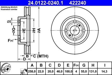 Диск гальмівний (передній) Toyota Yaris 1.0-1.5 10- (258x22) 24.0122-0240.1 ATE 24-0122-0240-1