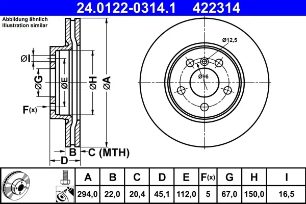 Диск гальмівний (передній) BMW 2 (F45/F46)/X1 (F48) 14- (294x22) (с покрит.) (вентил.) 24.0122-0314.1 ATE 24-0122-0314-1 (фото 1)
