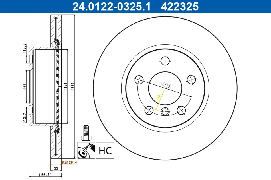 Диск гальмівний (передній) BMW 3 (G20/G80/G28) 19- (294x22) B47/B48 24.0122-0325.1 ATE 24-0122-0325-1 (фото 1)
