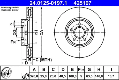 Диск гальмівний (передній) Ford Focus/Kuga II 07-/Connect 13- (320x25) (з покриттям) (вентильований) 24.0125-0197.1 ATE 24-0125-0197-1