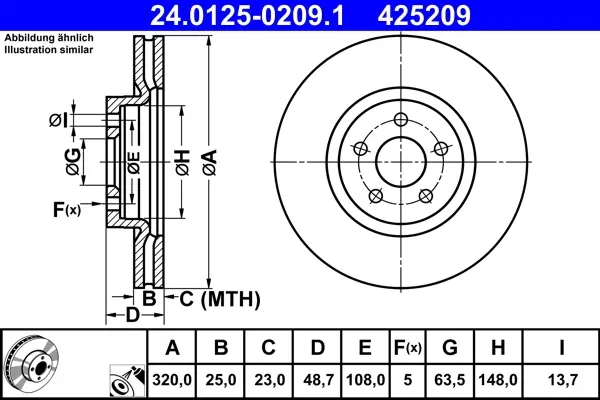 Диск гальмівний (передній) Ford Focus/Kuga II 07-/Connect 13- (320x25) (з покриттям) (вентильований) 24.0125-0209.1 ATE 24-0125-0209-1 (фото 1)