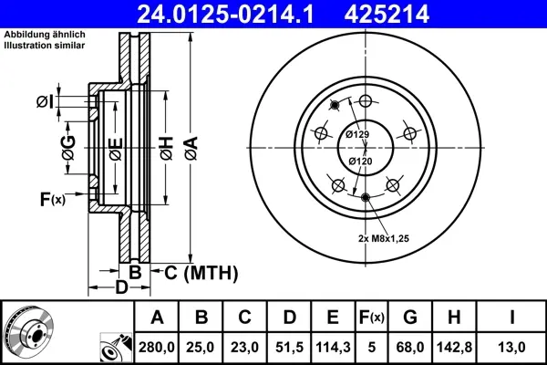 Диск гальмівний (передній) Mazda 3 13- (280x25) 24.0125-0214.1 ATE 24-0125-0214-1 (фото 1)