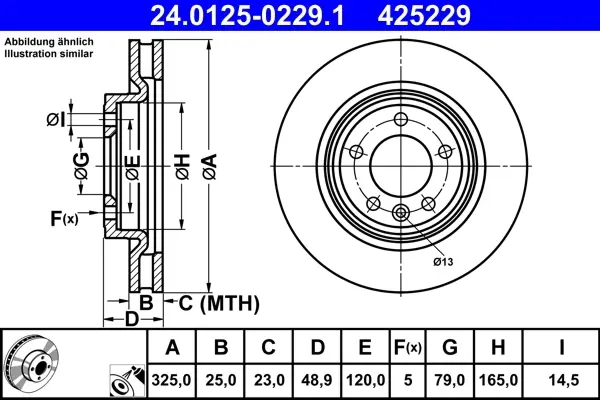 Диск гальмівний (задній) Land Rover Discovery V 16-/ Range Rover 12- (325x25) 24.0125-0229.1 ATE 24-0125-0229-1 (фото 1)