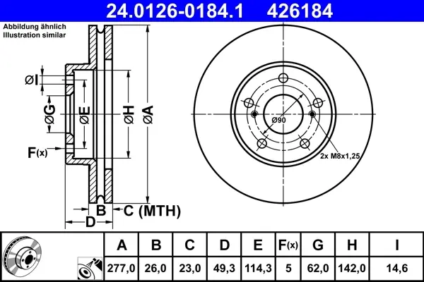 Диск гальмівний (передній) Toyota Auris 12-18/Corolla 13-18 (277x26) (з покриттям) (вентил.) 24.0126-0184.1 ATE 24-0126-0184-1 (фото 1)