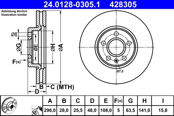 Диск гальмівний (передній) Volvo S60 III/S90 II/V60 II/V90 II-III 18- (296x28) 24.0128-0305.1 ATE 24-0128-0305-1 (фото 1)
