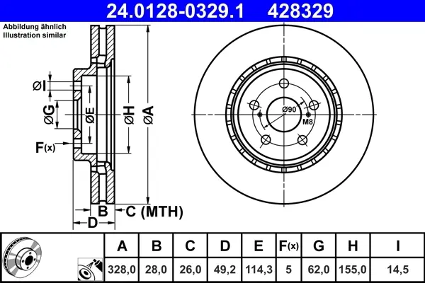 Диск гальмівний (передній) Toyota Rav 4 12-/Lexus RX/NX 08- (328x28) 24.0128-0329.1 ATE 24-0128-0329-1 (фото 1)