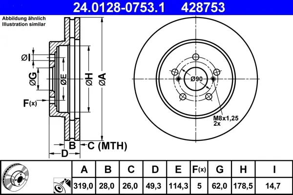 Диск гальмівний (передній) Lexus RX 03-12 (319x28) 24.0128-0753.1 ATE 24-0128-0753-1 (фото 1)