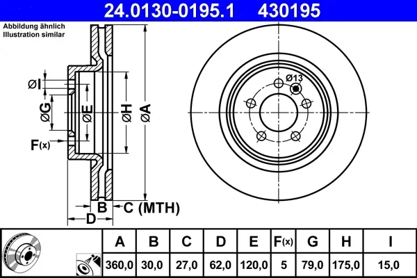 Диск гальмівний (передній) Land Rover Discovery IV 09-/Range Rover Sport 05-13 (360x30)(з покр)(вент) 24.0130-0195.1 ATE 24-0130-0195-1 (фото 1)