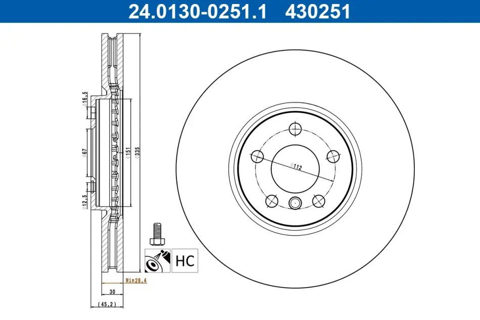 Диск гальмівний (передній) BMW X1 (U11) 22- (334x30) B38/B47/B48 24.0130-0251.1 ATE 24-0130-0251-1 (фото 1)