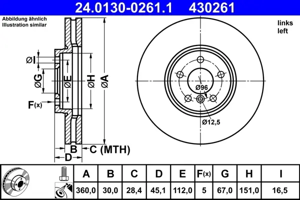 Диск гальмівний (передній) BMW X1 (F48)/X2 (F39) 14- (360x30) (L) B38/B47/B48 24.0130-0261.1 ATE 24-0130-0261-1 (фото 1)