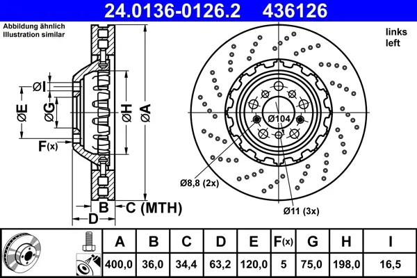 Диск гальмівний (передній) BMW 5 (F10)/6 (F12/F13) 10- (400x36) (L) (з покриттям) (з отворами) (вент) 24.0136-0126.2 ATE 24-0136-0126-2 (фото 1)