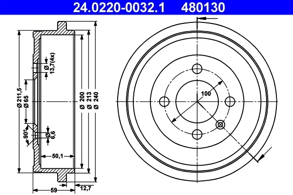 Барабан гальмівний (задній) Seat Cordoba/VW Polo 93-05 (100x50,5) 24.0220-0032.1 ATE 24-0220-0032-1 (фото 1)