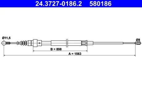 Трос ручника (задній) VW Touran 03-10 (1563mm) 24.3727-0186.2 ATE 24-3727-0186-2